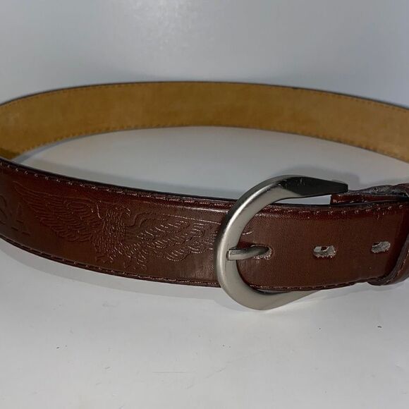 Men's Genuine Leather Belt Embossed Eagle USA Patriotic Logo Brown Large 42" - Picture 2 of 7